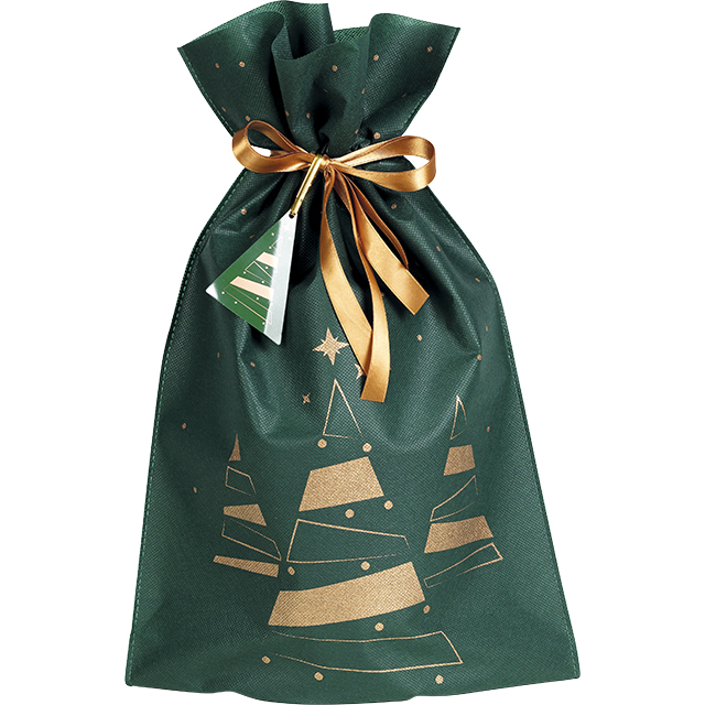Bolsa polipropileno no tejido verde/cobre rbol de Navidad cinta de raso cobre etiqueta