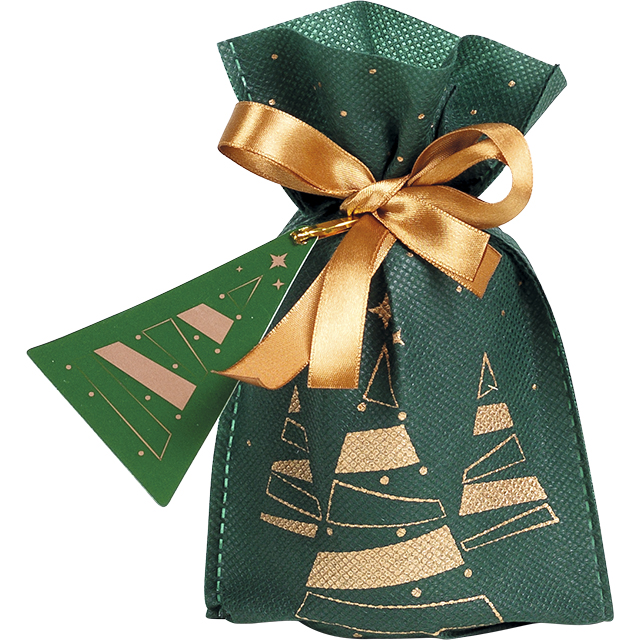 Bolsa polipropileno no tejido verde/cobre rbol de Navidad cinta de raso cobre etiqueta