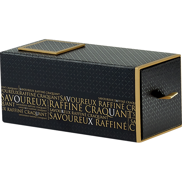 Coffret carton rectangle 2 compartiments tirette Savoureux/noir/cuivre/vernis sélectif 
