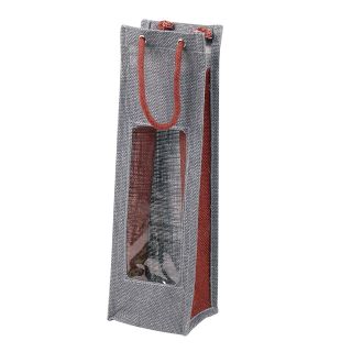 Grey/burgundy jute bag for 1 bottle with transparent PVC window with cotton rope handle