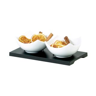 Lot/2 bols bords relevs porcelaine sur plateau bois 