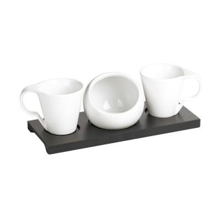 Lot/2 tasses et sucrier porcelaine sur plateau bois