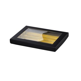 Cofrecito rectangulo ventanas PET negro/dorado separacion interior 5 hileras