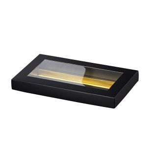 Caja cartn rectangular chocolates 3 lneas negro/dorado separacin interior ventana PVC