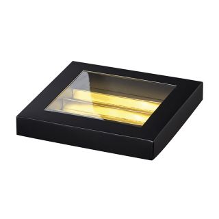 Caixa de carto retngula para chocolates 4 linhas preto/dourado com janela PET 