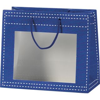 Bolsa papel azul ventana PET/asas cuerda/ojal