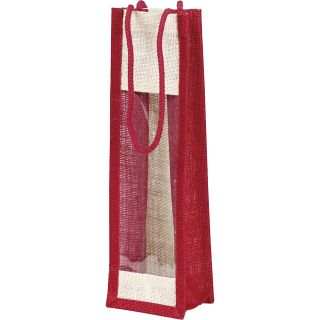 Bolsa 1 botella de tela de yute color rojo/crema con asas en cuerda y ventana PVC