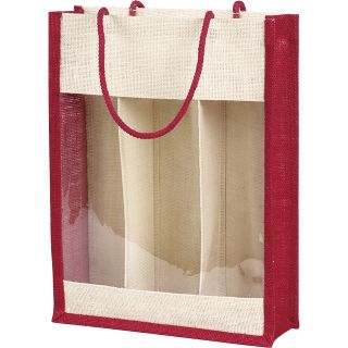 Bolsa 3 botellas de tela de yute color rojo/crema con asas en cuerda y ventana