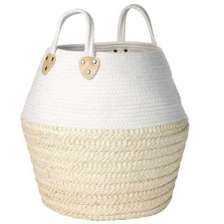 Round braided corn and cotton basket natural/white colour with cotton handles