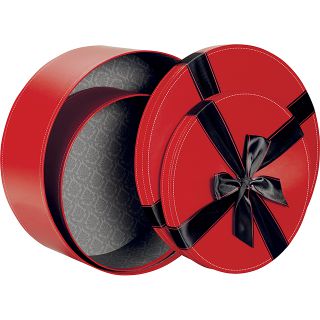 Caja redonda rojo con nudo negro de raso 
