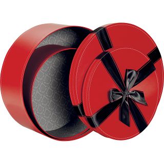 Coffret carton rond rouge noeud satin noir 