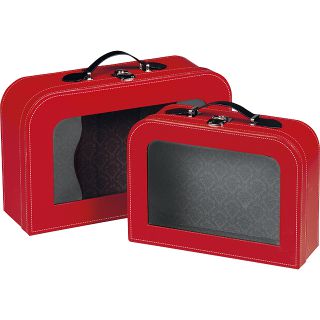 Maleta cartn rectangular rojo ventana PVC asa smil piel/cierre metlico 