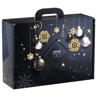 Maleta cartn rectangular JOYEUSES FETES bolas de Navidad/negro/dorado/plateado 