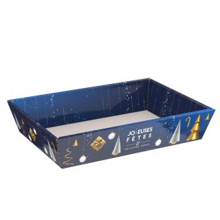 Tray cardboard rectangular Joyeuses Ftes Christmas tree/blue/white/gold delivered flat (to assemble)