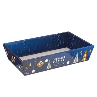 Tray cardboard rectangular JOYEUSES FTES Christmas tree/blue/white/gold delivered flat (to assemble)