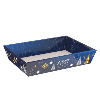 Tray cardboard rectangular Joyeuses Ftes Christmas tree/blue/white/gold delivered flat (to assemble)