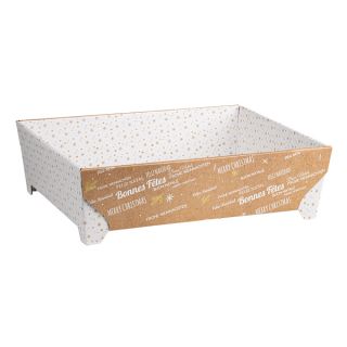 Corbeille carton rectangle  pied Bonnes ftes kraft/blanc livre  plat (dim. corbeille monte)