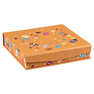Caja cartón cuadrada 4 hileras naranja decoración Pascua cierre magnético