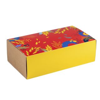 Caja cartn kraft cuadrada funda SABORES DE VERANO rojo/amarillo/verde