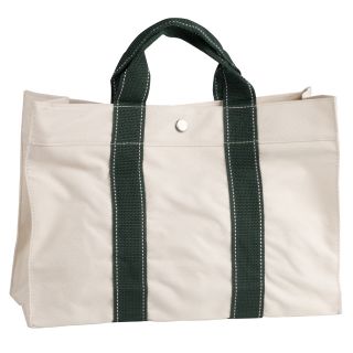 Bag polyester rectangle ecru/green 2 handles nylon poper button