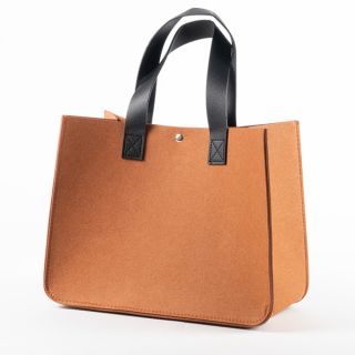 Bag felt rectangular brown 2 handles faux leather black popper closure