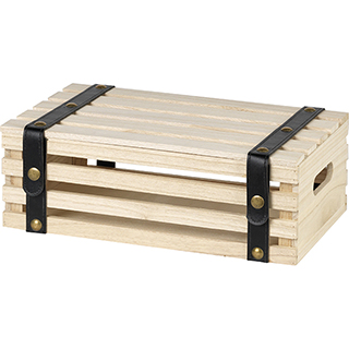 Caja madera rectangular negro con correas simil piel bronze boton presions