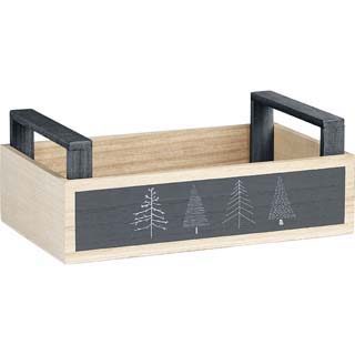 Cesta madera rectangular natural/gris diseo rboles con asas