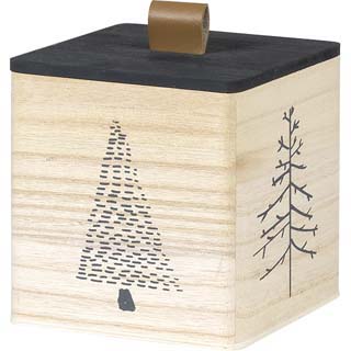 Caixa madeira quadrada natural/cinza/desenho de rvores 