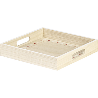 Tray square wood nature red/white white border handles 