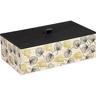 Caja madera rectangular dorado/negro motivo hojas 