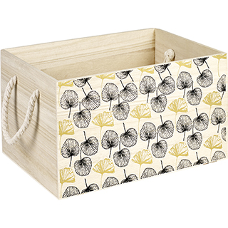 Caja rectangular madera en color corado/negro decoración de hojas mangos de cuerda