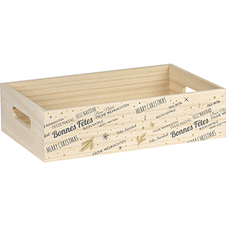 Tray wood rectangular grey/gold Bonnes Fêtes handles