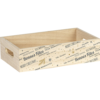 Tray wood rectangular grey/gold Bonnes Fêtes handles