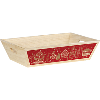 Tray wood rectangular MERRY CHRISTMAS red chalets handles