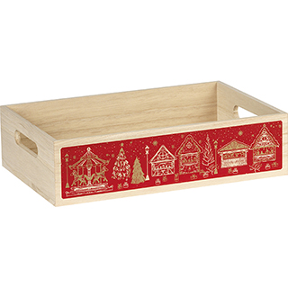 Tray wood rectangular MERRY CHRISTMAS red chalets handles