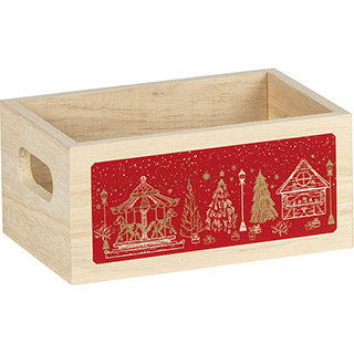 Tray wood rectangular MERRY CHRISTMAS red chalets handles