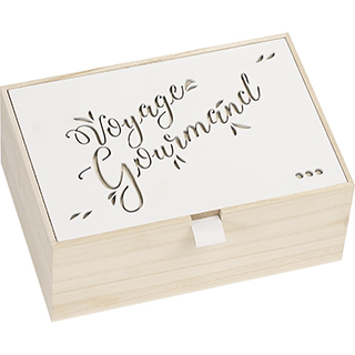 Box rectangular wood nature/white laser cut Voyage Gourmand 