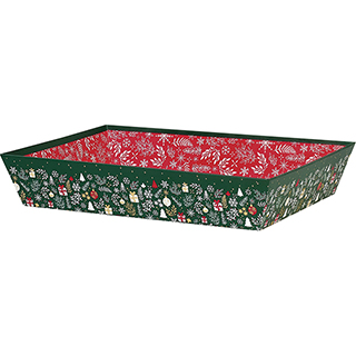 Corbeille carton rectangle vert/blanc/rouge/dorure à chaud or décor Bonnes fêtes