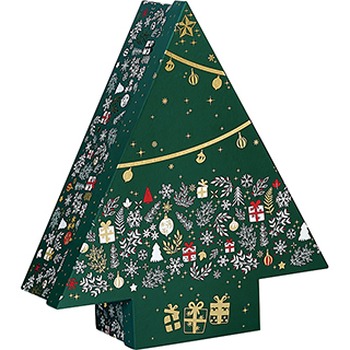 Coffret carton forme sapin vert/blanc/rouge/dorure à chaud or décor Bonnes fêtes 