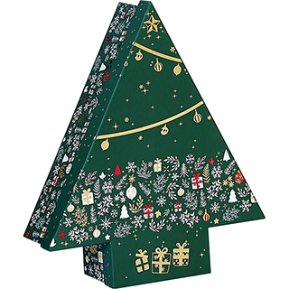 Caixa em forma de árvore de Natal em cartão verde/branco/vermelho/dourado quente Bonnes Fêtes 