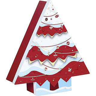 Coffret carton forme sapin rouge/blanc/dorure à chaud or décor Bonnes fêtes