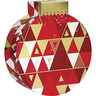 Coffret carton forme boule rouge/blanc/dorure à chaud or décor triangle