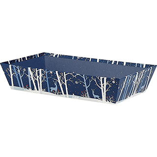 Corbeille carton rectangle bleu/blanc/dorure à chaud or décor Forêt/Renne