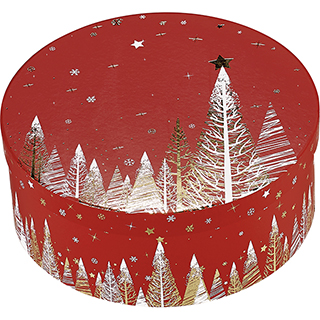 Caixa redonda cartão vermelha/branca/lamina dourada/decoração Boas Festas 