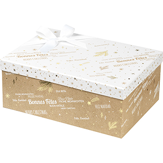 Caja cartón rectangular kraft/blanco/dorado caliente Bonnes Fêtes