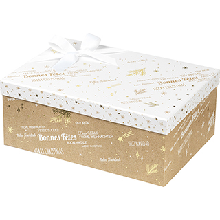 Caja cartn rectangular FELIZ NAVIDAD kraft/blanco/estampacin en caliente dorado 