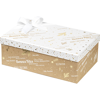 Coffret carton rectangle BONNES FETES  kraft/blanc/dorure  chaud or  