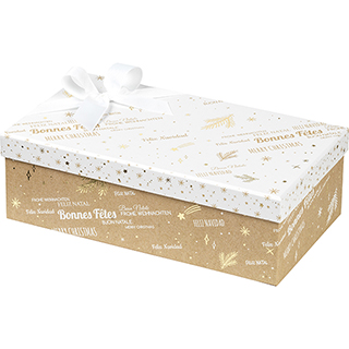 Caja cartn rectangular FELIZ NAVIDAD kraft/blanco/estampacin en caliente dorado 