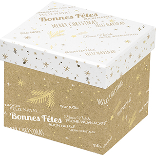 Coffret carton rectangle BONNES FETES  kraft/blanc/dorure  chaud or  