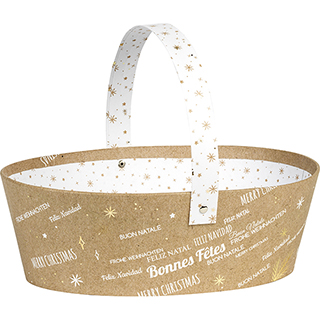 Basket cardboard oval MERRY CHRISTMAS kraft/white/gold hot foil stamping foldable handles